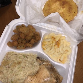 Sac's Kitchen - Chicken and Dressing with Side of Macaroni and Cheese and Side of Okra and Hot Water Cornbread - Southern Near Me - Huntsville, Alabama Sac's Kitchen - Chicken and Dressing with Side of Macaroni and Cheese and Side of Okra and Hot Water Cornbread - Southern Near Me - Huntsville, Alabama