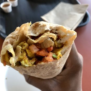 Oasis Vegetarian Cafe - Close up of tofu scramble burrito - Vegetarian Near Me - Riverside, California