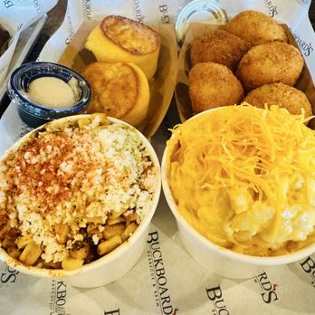 Buckboard's Barbecue & Brew - Top left: Cornbread with Maple Butter, top right: Mac Balls, Bottom Left: Mexican Street Corn, Bottom right: Mac & Cheese - New American Near Me - El Cajon, California