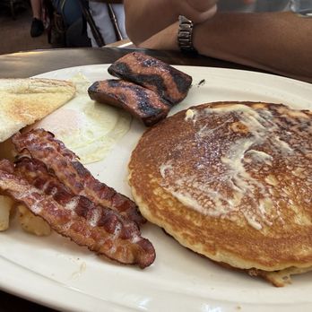 Homeport Restaurant - Over easy egg with pancake bacon and linguisa - Breakfast & Brunch Near Me - Orleans, Massachusetts