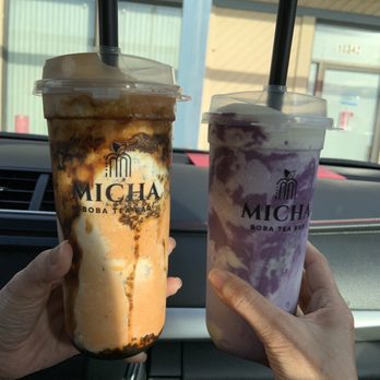 Micha Boba Tea Bar - Dirty tiger Thai (left) and ube taro wave mochi (right). Both were delicious! - Juice Bars & Smoothies Near Me - Stanton, California