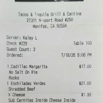Tacos & Tequila - Receipt - Mexican Near Me - Menifee, California Tacos & Tequila - Receipt - Mexican Near Me - Menifee, California