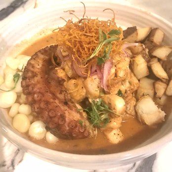 Aji Ceviche Bar - Ceviche anticuchero - fish ceviche w/ grilled octopus and anticuchero sauce - pretty good - comes with potato and Peruvian corn - Peruvian Near Me - Tampa, Florida