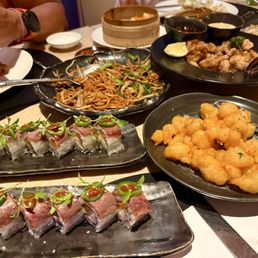 Kalbi roll, popcorn shrimp, chow mein, chicken karaage Kalbi roll, popcorn shrimp, chow mein, chicken karaage