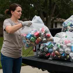 Clean The Planet Recycling - Customer unloading bags of aluminum cans and plastic bottles for recycling at Clean The Planet Recycling. We pay cash for recyclables!