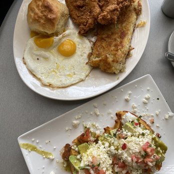 Harry's Restaurant - Country breakfast fried chicken and one of their seasonal's waffle Benedict (?) - Breakfast & Brunch Near Me - Houston, Texas