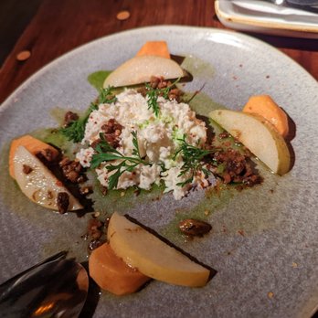 Foreign Cinema - Fuyu persimmon & Asian pear, fresh pulled burrata, Egyptian dukkah, basil oil, Aleppo, peppercress - $18 - Breakfast & Brunch Near Me - San Francisco, California