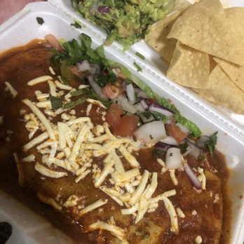 Borreguitas Bar Express - Plant based Pastor wet burrito with chips a guacamole. - Mexican Near Me - Pomona, California