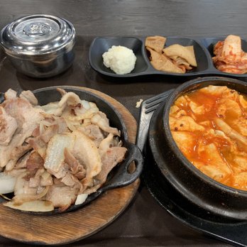 Jang Guem Tofu & BBQ - Pork belly and tofu soup combo. Pork belly was a little bland, but seafood tofu soup was delicious! - Korean Near Me - Katy, Texas