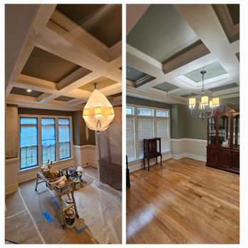 Triangle Painting And Drywall - Fresh paint will always make your space feel bigger before and after in this beautiful dining room. - Painters Near Me Triangle Painting And Drywall - Fresh paint will always make your space feel bigger before and after in this beautiful dining room. - Painters Near Me