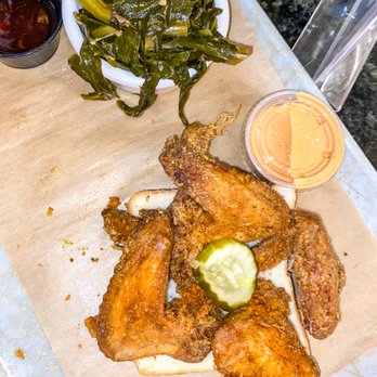 Grace Meat + Three - Chicken wings with comeback sauce and a side of greens - Southern Near Me - St Louis, Missouri Grace Meat + Three - Chicken wings with comeback sauce and a side of greens - Southern Near Me - St Louis, Missouri
