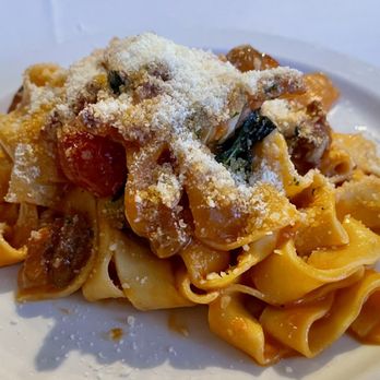 Mezza Luna - PASTA ALLA AMATRICIANA - Homemade Pasta of the day with red sauce with Guanciale (pork cheeks) and pecorino cheese - Italian Near Me - Smyrna, Georgia