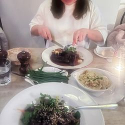 Prix Fixe - Warm crispy Duck Salad with spring onion, carrots, Asian dressing; Panfried Calves liver with loaded baked potato w cheese and bacon & gravy