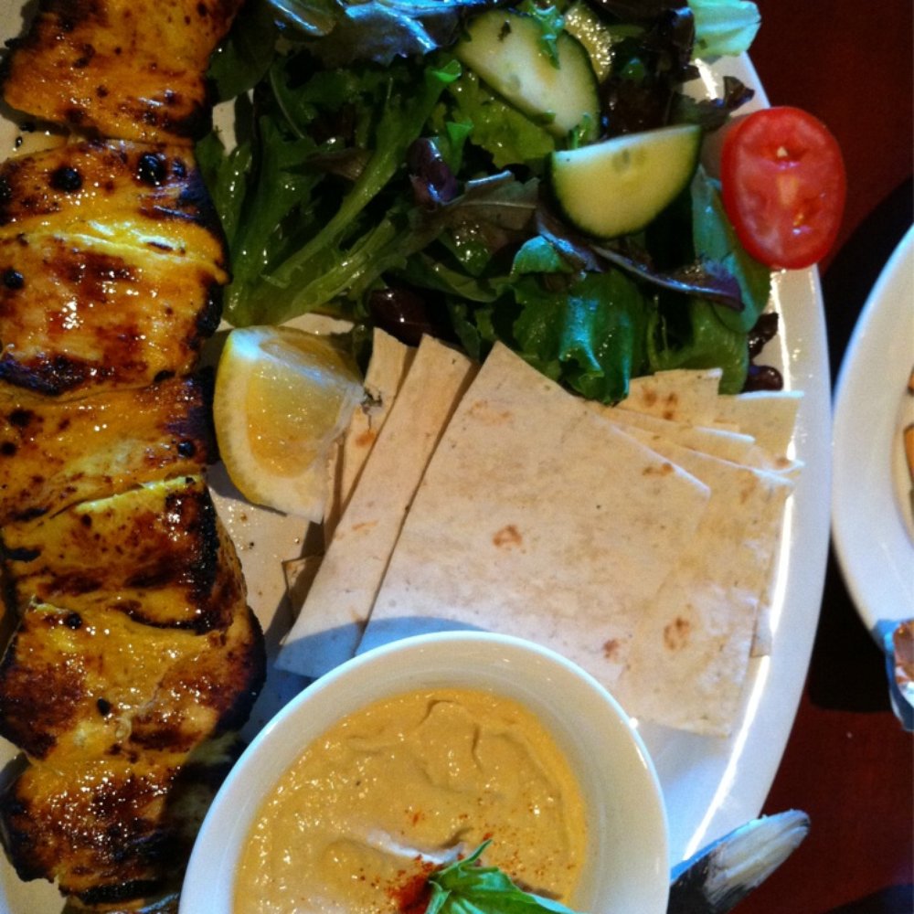 Kababbq Grill & Café - Chicken Kabab with sides of hummus and salad - Persian/Iranian Near Me - San Rafael, California