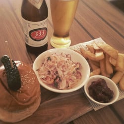Maid Mice - The 'Bogo' nem burger with cheese, slaw, tomato relish, side fries. Vietnamese 333 beer.