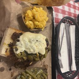 Spicy Brisket Philly Sandwich, Macaroni & Cheese, Green Beans