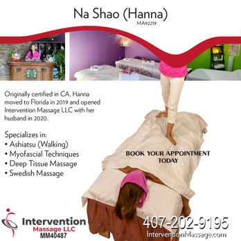 Intervention Massage - ~~~Therapist Highlight~~~
Hanna - Originally certified in California, Hanna moved to Florida in 2019 and opened Intervention Massage LLC - Reflexology Near Me - Orlando, Florida Intervention Massage - ~~~Therapist Highlight~~~
Hanna - Originally certified in California, Hanna moved to Florida in 2019 and opened Intervention Massage LLC - Reflexology Near Me - Orlando, Florida