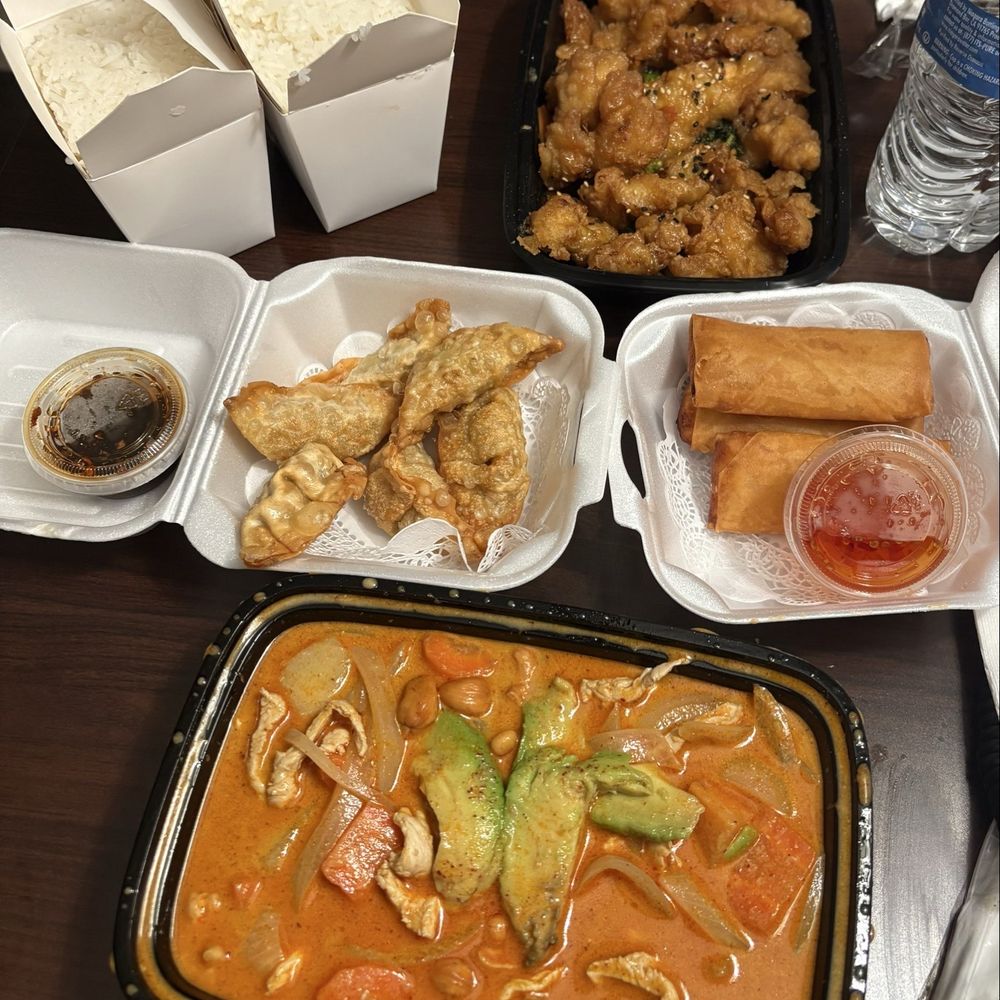 Masaman Curry, Sesame Chicken, Crab Cheese Rangoon, and Pork Dumpings