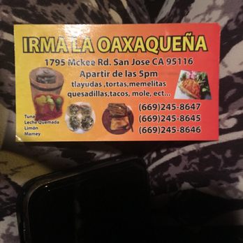 Irma La Oaxaqueña - a picture of a business card - Food Trucks Near Me - San Jose, California Irma La Oaxaqueña - a picture of a business card - Food Trucks Near Me - San Jose, California