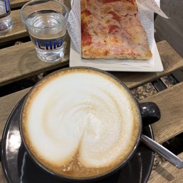 Large cappuccino and pizza for breakfast! Why not??