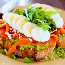 Crumbs Breakfast, Lunch & Bar - Avocado toast with smoked salmon & eggs