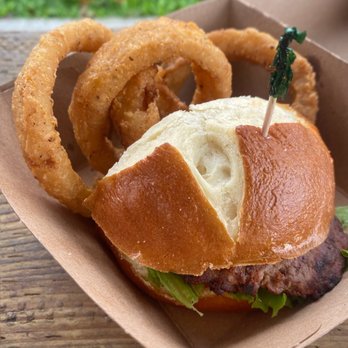 Burger Revolution - Burger Revolution - 2.5oz lil Napoleon burger (flame grilled beef patty in pretzel buns) with onion rings for the kid meal - Burgers Near Me - Belleville, Ontario Burger Revolution - Burger Revolution - 2.5oz lil Napoleon burger (flame grilled beef patty in pretzel buns) with onion rings for the kid meal - Burgers Near Me - Belleville, Ontario