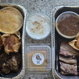 Two of the 2 meat & 2 sides combo plates, lemon pound cake, banana pudding. We added 1 extra order of cornbread. Two of the 2 meat & 2 sides combo plates, lemon pound cake, banana pudding. We added 1 extra order of cornbread.