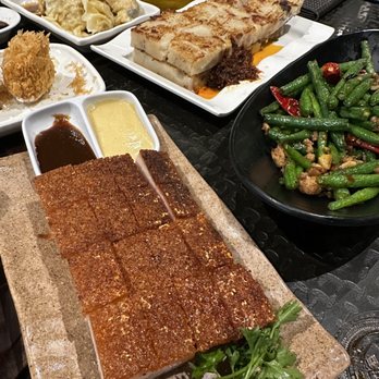 Dragon Beaux - Roasted Pork Belly, Taro Puff, Pan Seared Daikon Cake, Stir-Fry String Bean w/ Diced Meat, Chili Oil Wonton - Dim Sum Near Me - San Francisco, California Dragon Beaux - Roasted Pork Belly, Taro Puff, Pan Seared Daikon Cake, Stir-Fry String Bean w/ Diced Meat, Chili Oil Wonton - Dim Sum Near Me - San Francisco, California