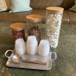 Snacks offered in the women's locker room area (dried strawberries, almonds, and yogurt-covered pretzels)