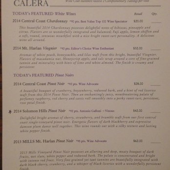 Calera Wine - Tasting menu from January 2017 - Wineries Near Me - Hollister, California Calera Wine - Tasting menu from January 2017 - Wineries Near Me - Hollister, California