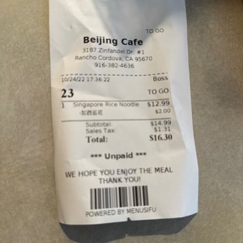 Beijing Cafe - Receipt - Chinese Near Me - Rancho Cordova, California Beijing Cafe - Receipt - Chinese Near Me - Rancho Cordova, California