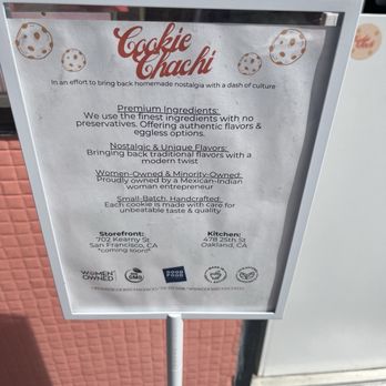 Cookie Chachi - About them! Minority woman owned, bakery/kitchen in Oakland and storefront (takeout only) in sf - Bakeries Near Me - San Francisco, California Cookie Chachi - About them! Minority woman owned, bakery/kitchen in Oakland and storefront (takeout only) in sf - Bakeries Near Me - San Francisco, California