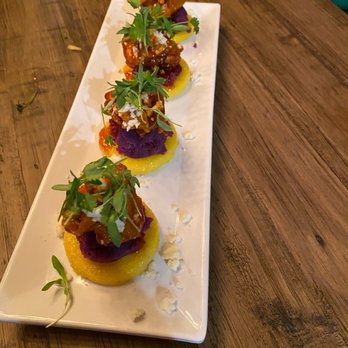 Somethin's Cooking - Korean crispy chicken on fried polenta cake with purple potato - Caterers Near Me