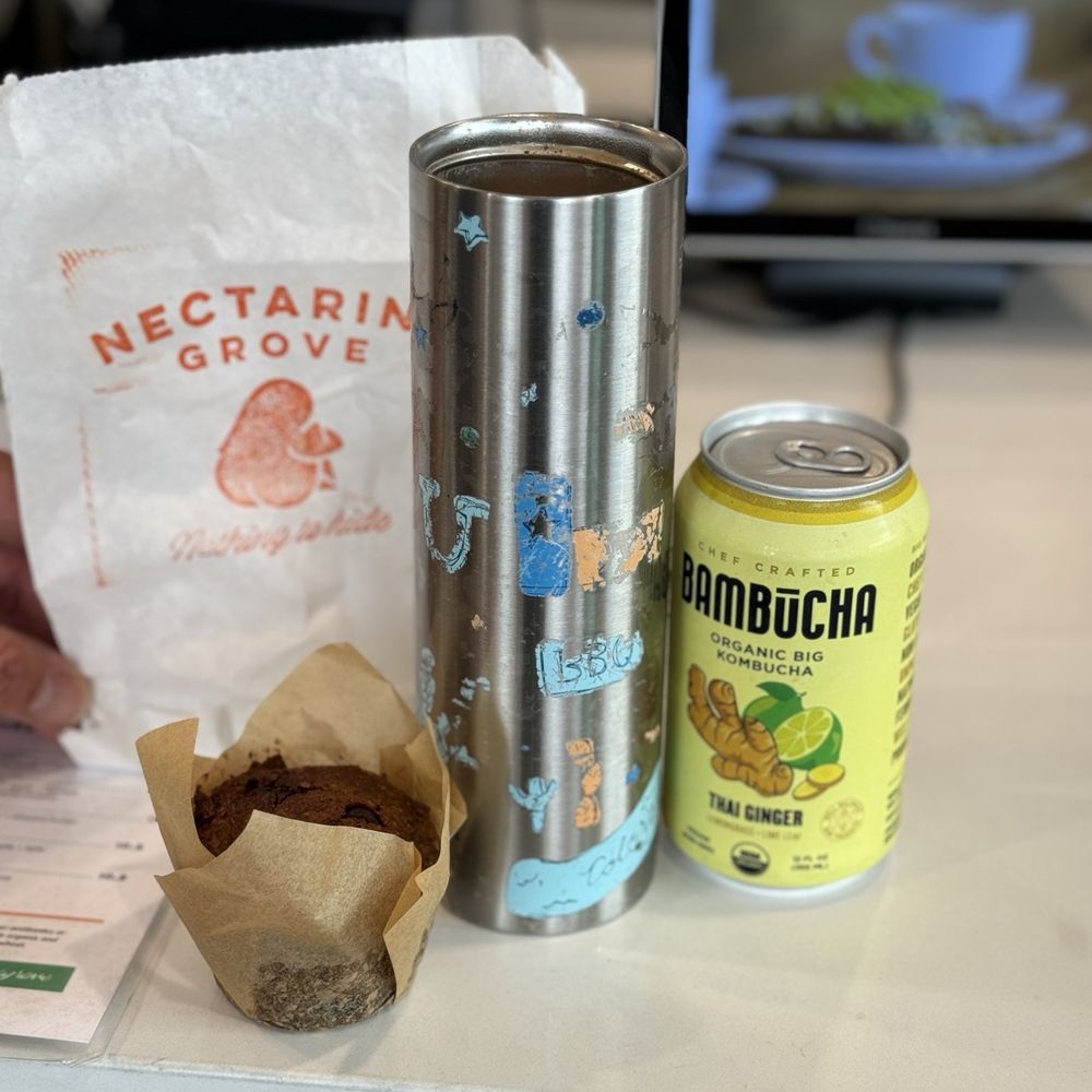 Nectarine Grove - The yummy ginger kombucha, hot caffe latte (oat & coconut), & choc chip banana nut muffin - New American Near Me - Encinitas, California