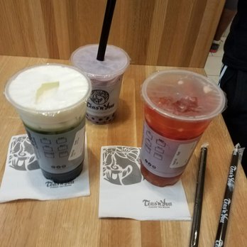 Teas'n You - Left: Green Thai Tea. Right: The popular Fusion Fruit Tea. Middle: Coconut Taro (not mine) but was told the overdid salt foam made it "meh." - Bubble Tea Near Me - Vienna, Virginia
