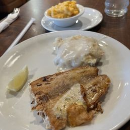 Salmon dinner with mashed potatoes & Mac & Cheese. Both sides were cold.