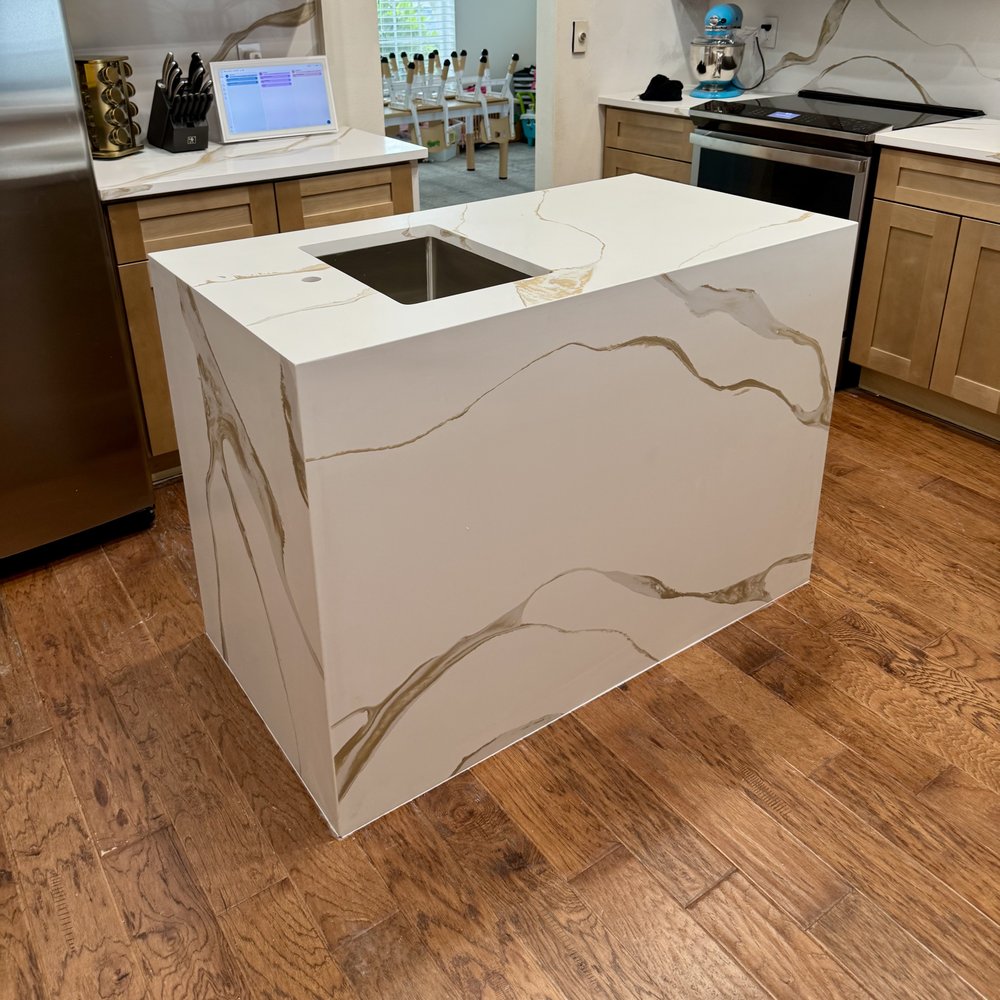 Rock Solid Granite & Marble - Small kitchen island with waterfall edge - Countertop Installation Near Me Rock Solid Granite & Marble - Small kitchen island with waterfall edge - Countertop Installation Near Me
