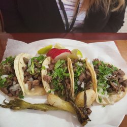 Cabanita Express - Steak tacos - 5 with cilantro, onion. Radish and lime on tbe side. Corn tortillas...