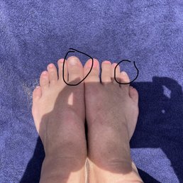 left pinky and big toe are missing polish and the right 4th toe is missing polish. left pinky and big toe are missing polish and the right 4th toe is missing polish.