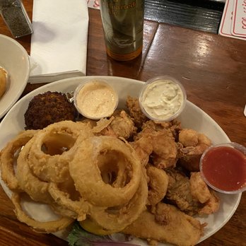 Crystal Beer Parlor - This is the Seafood Platter (pick 4) with onion rings. SO delicious!!! - Southern Near Me - Savannah, Georgia