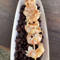 Skewed North - Thyme and Sea Salt Shrimp with a side of Black Beans