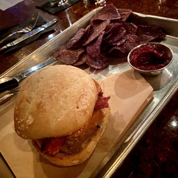 Sazzy B - Short rib burger with Purple potato crisps and beet ketchup - New American Near Me - Kenosha, Wisconsin