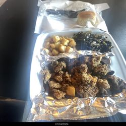 Prime Tyme Soul Cafe - My order as "plated" - Fried Chicken Livers, Collards, Potatoes