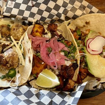 Tacovore - vegan platter of mushroom taco, sweet potato taco and tempeh taco - Mexican Near Me - Eugene, Oregon Tacovore - vegan platter of mushroom taco, sweet potato taco and tempeh taco - Mexican Near Me - Eugene, Oregon