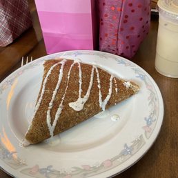Turkey, bacon & basil pesto crepe with iced latte breve. Turkey, bacon & basil pesto crepe with iced latte breve.