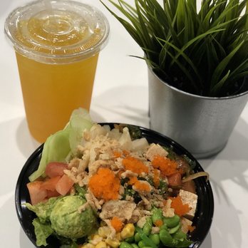 Poke Xpress - Mango green tea with a 3 protein customized bowl - tofu, salmon, and tuna. - Poke Near Me - Pearland, Texas Poke Xpress - Mango green tea with a 3 protein customized bowl - tofu, salmon, and tuna. - Poke Near Me - Pearland, Texas