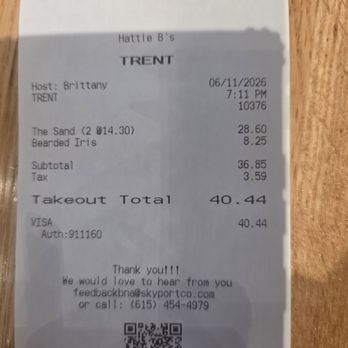 Hattie B's Hot Chicken - 2026-6-11 Receipt - Chicken Shop Near Me - Nashville, Tennessee Hattie B's Hot Chicken - 2026-6-11 Receipt - Chicken Shop Near Me - Nashville, Tennessee