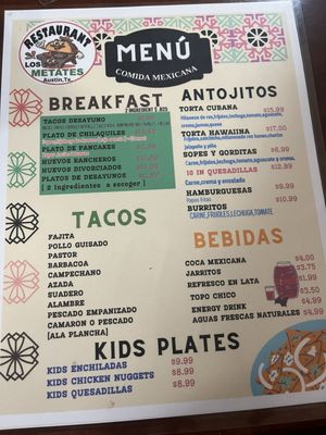 Menu photo 1 Los Metates Taqueria Austin, TX