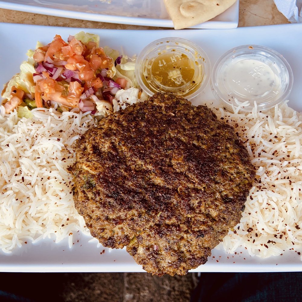 Baba Kabob - Chapli (seasoned beef patty), rice and salad - Mediterranean Near Me - Poway, California
