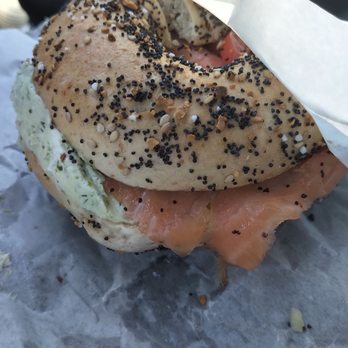 Yorgo's Bageldashery - Lox (smoked salmon) and cheese (herbed vegan) on the whole wheat everything bagel. - Bagels Near Me - Norfolk, Virginia